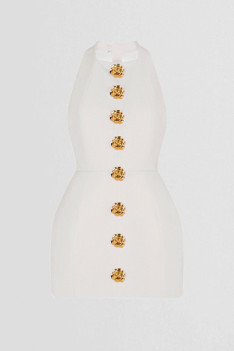 Women Halter Neck Gold Button Mini Dress | Kylie