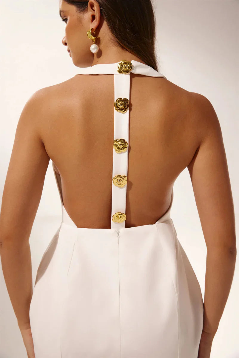 Women Halter Neck Gold Button Mini Dress | Kylie