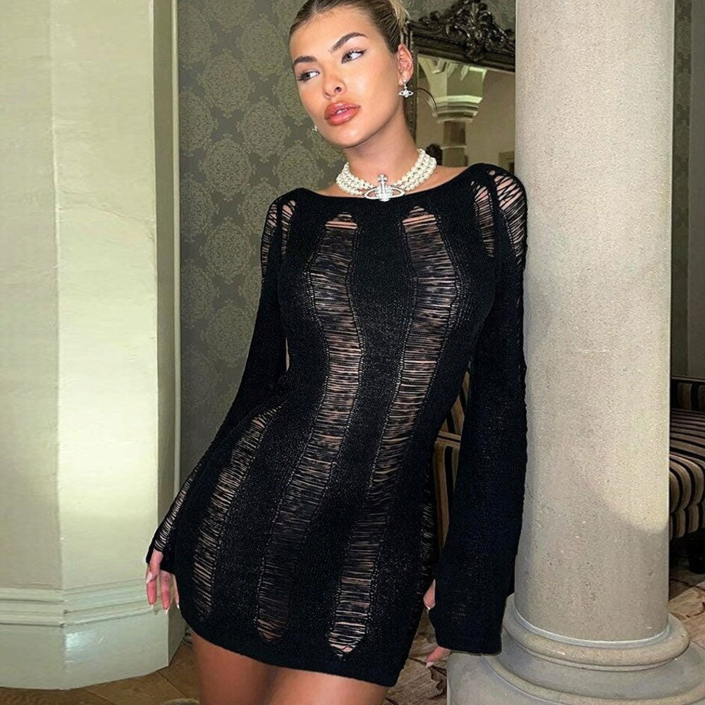 Women Distressed Knit Long Sleeve Mini Dress | Joella