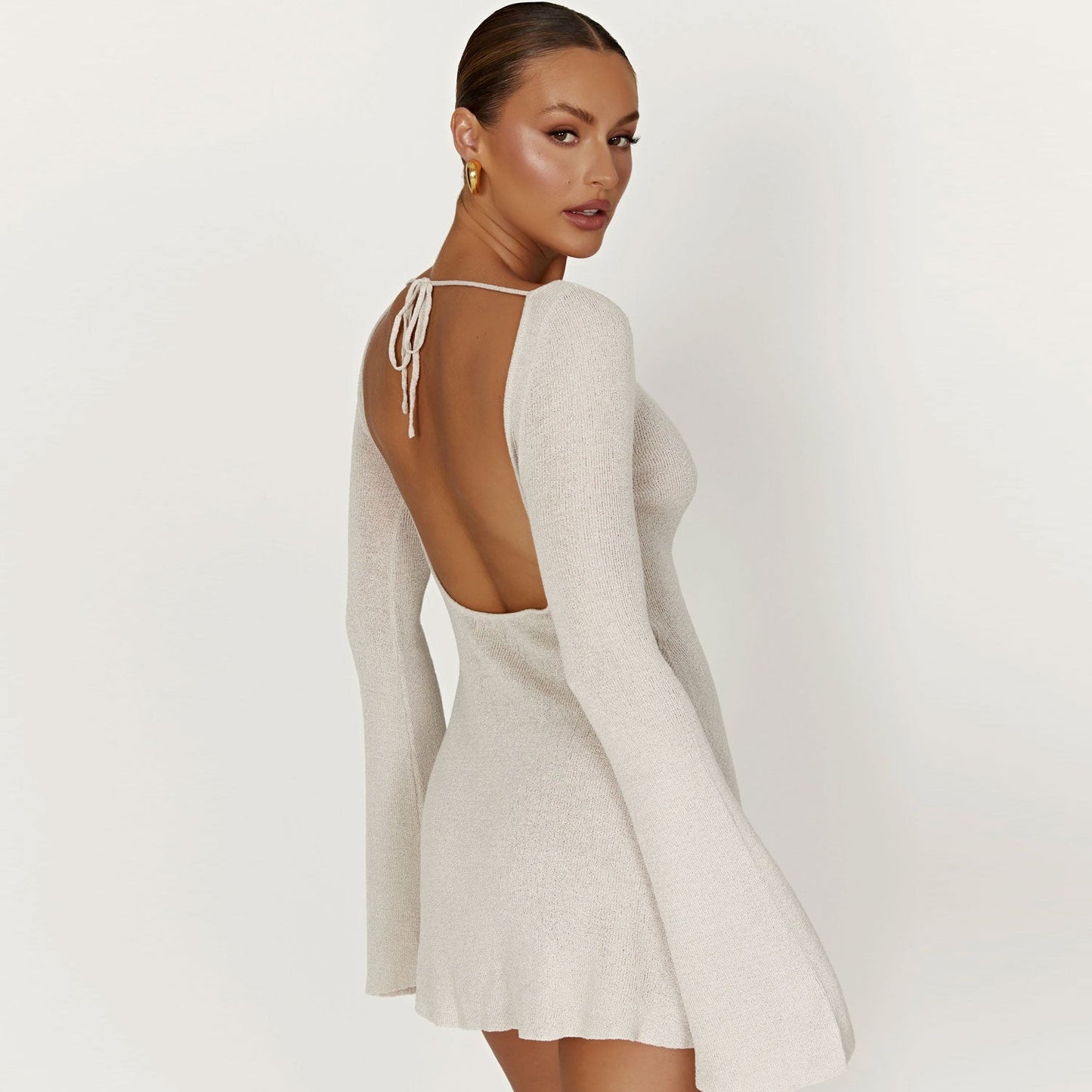 Women Tie-Back Flared Sleeve Mini Sweater Dress | Carielle