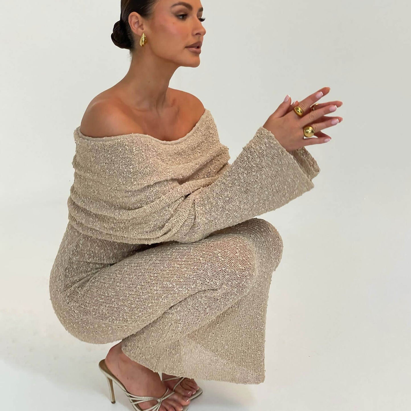 Women Off Shoulder Boucle Knit Maxi Dress | Lissandra