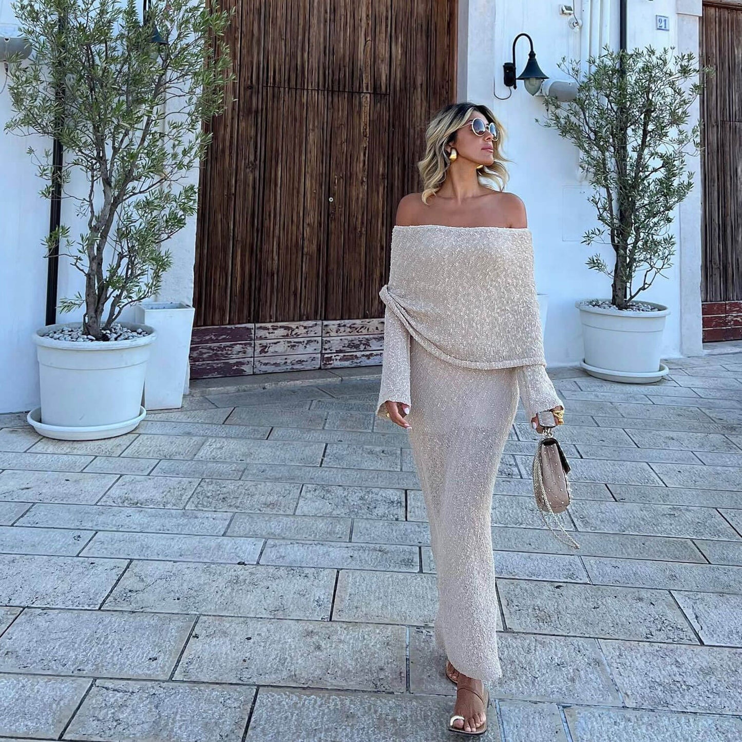 Women Off Shoulder Boucle Knit Maxi Dress | Lissandra