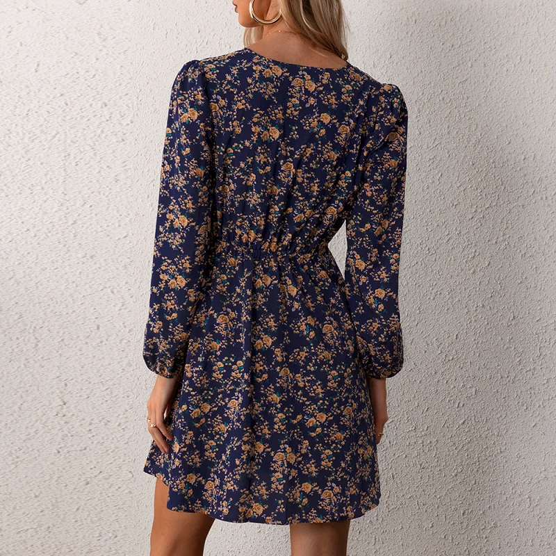 Women Long-Sleeve Floral Wrap Mini Dress with Elastic Waist | Coralie
