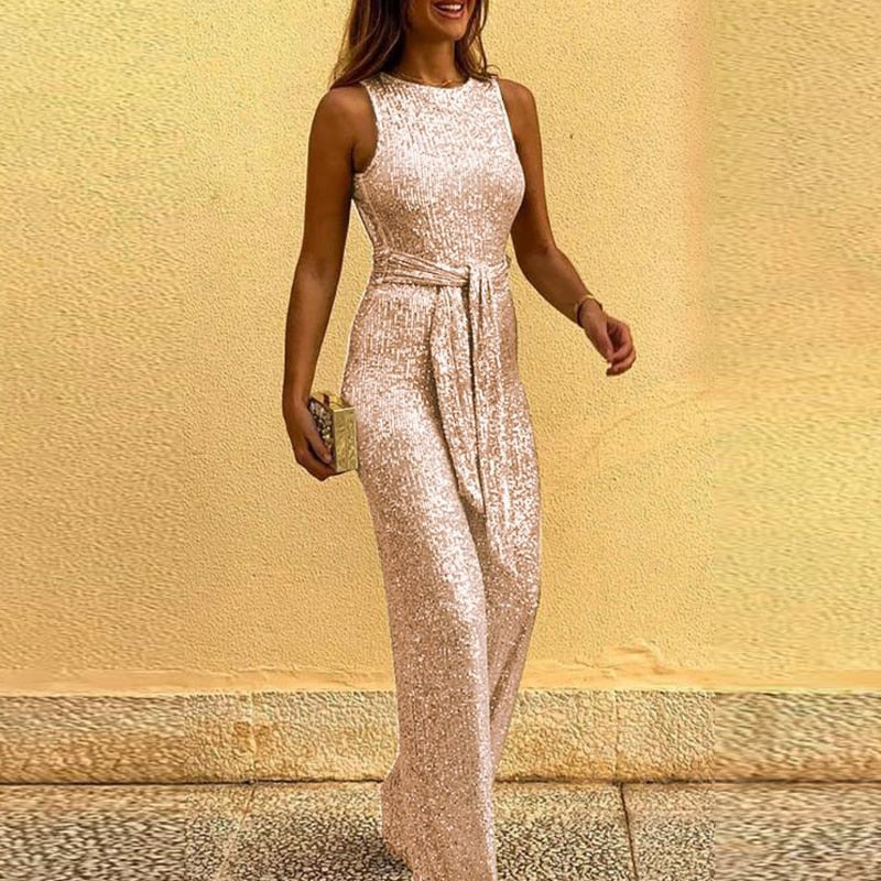 Women Sequin Open-Back Wide-Leg Jumpsuit | Sia