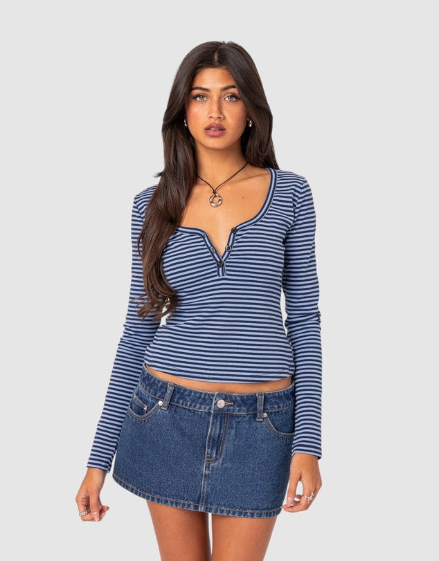 Women Striped Ribbed Henley Top | Eliannah