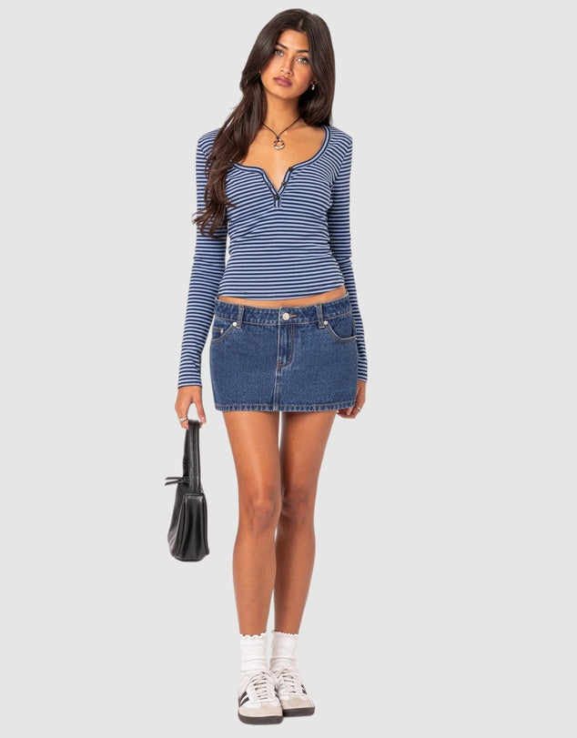 Women Striped Ribbed Henley Top | Eliannah