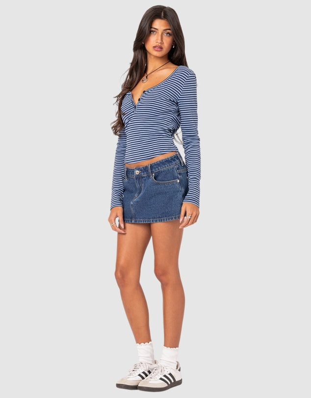 Women Striped Ribbed Henley Top | Eliannah