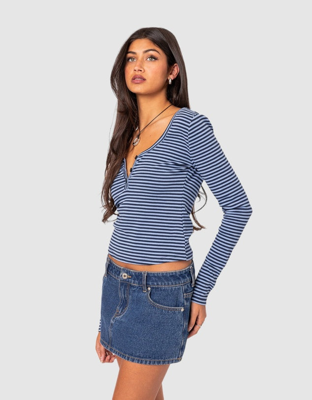 Women Striped Ribbed Henley Top | Eliannah