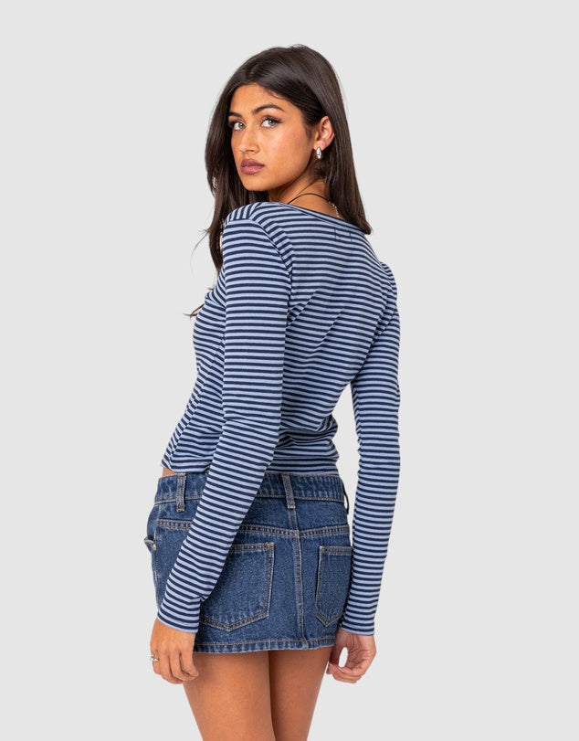 Women Striped Ribbed Henley Top | Eliannah