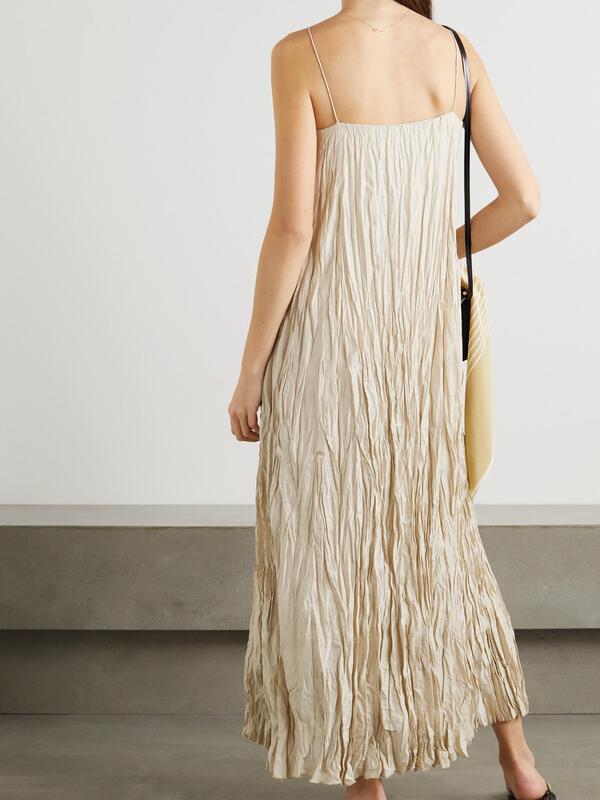 Women Maxi Dress Neutral Crinkled Fabric | Elegant Charm-2