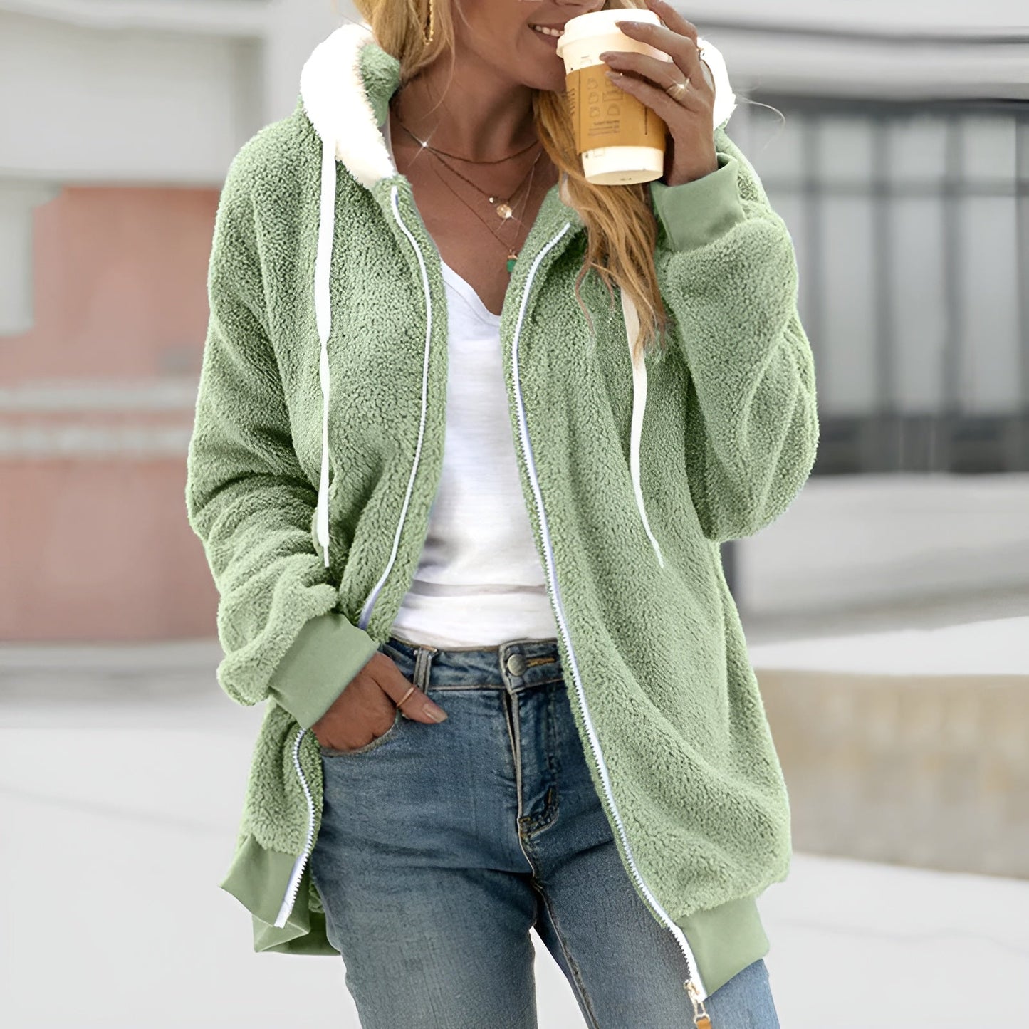 Women Oversized Sherpa Zip-Up Hoodie | Ella