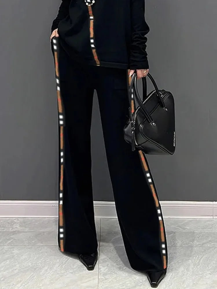 Women Wide Leg Pants Black Striped Elastic | Eleanor-2