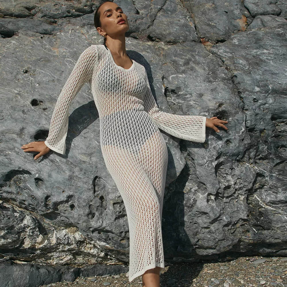 Women Crochet Knit Layered Midi Dress | Leocadia