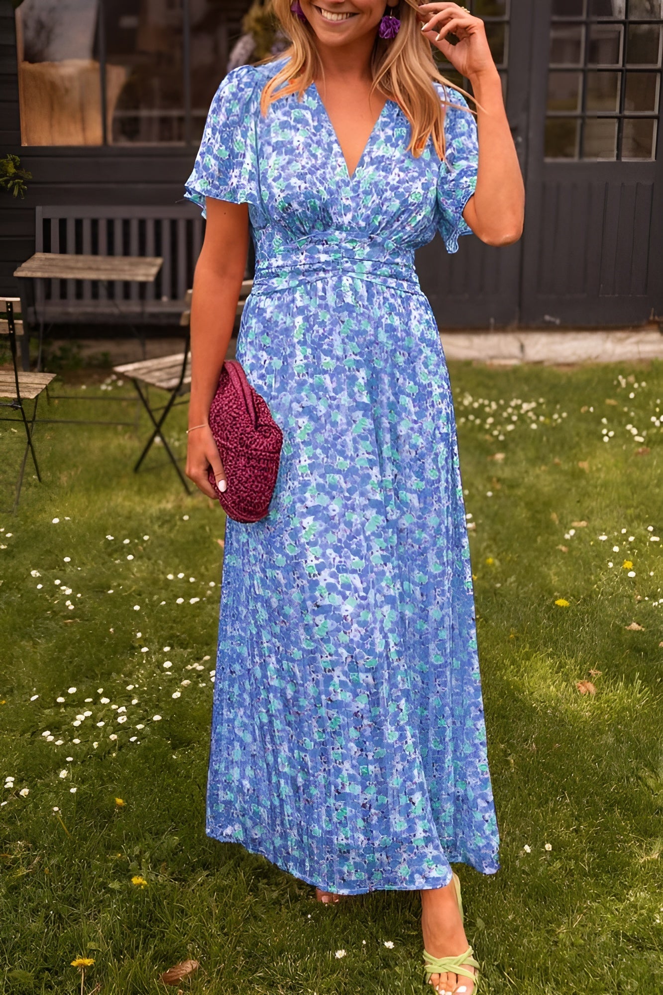 Women Pleated V-Neck Maxi Dress | Danira