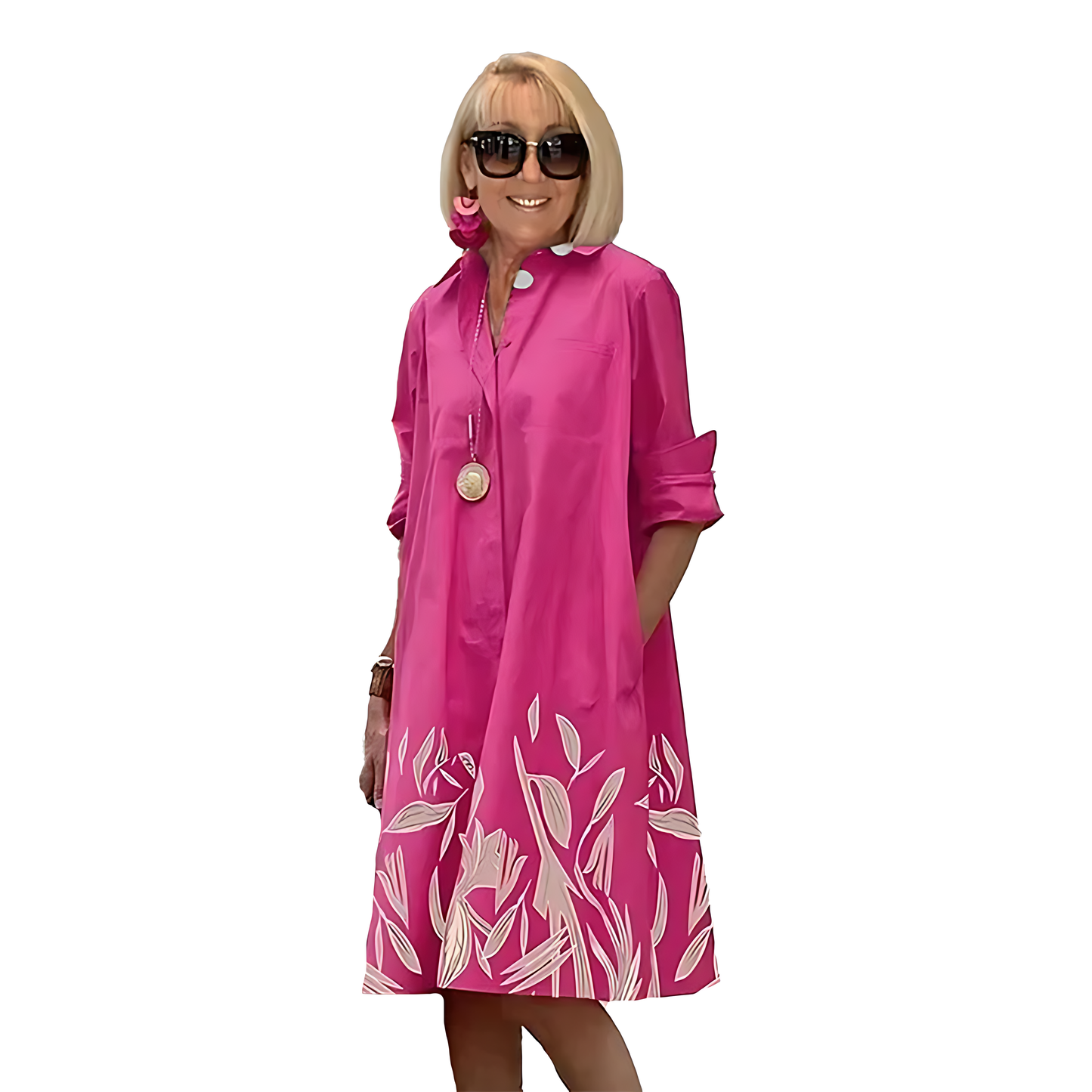 Women Button-Down Shirt Dress with Floral Print Hem | Linda