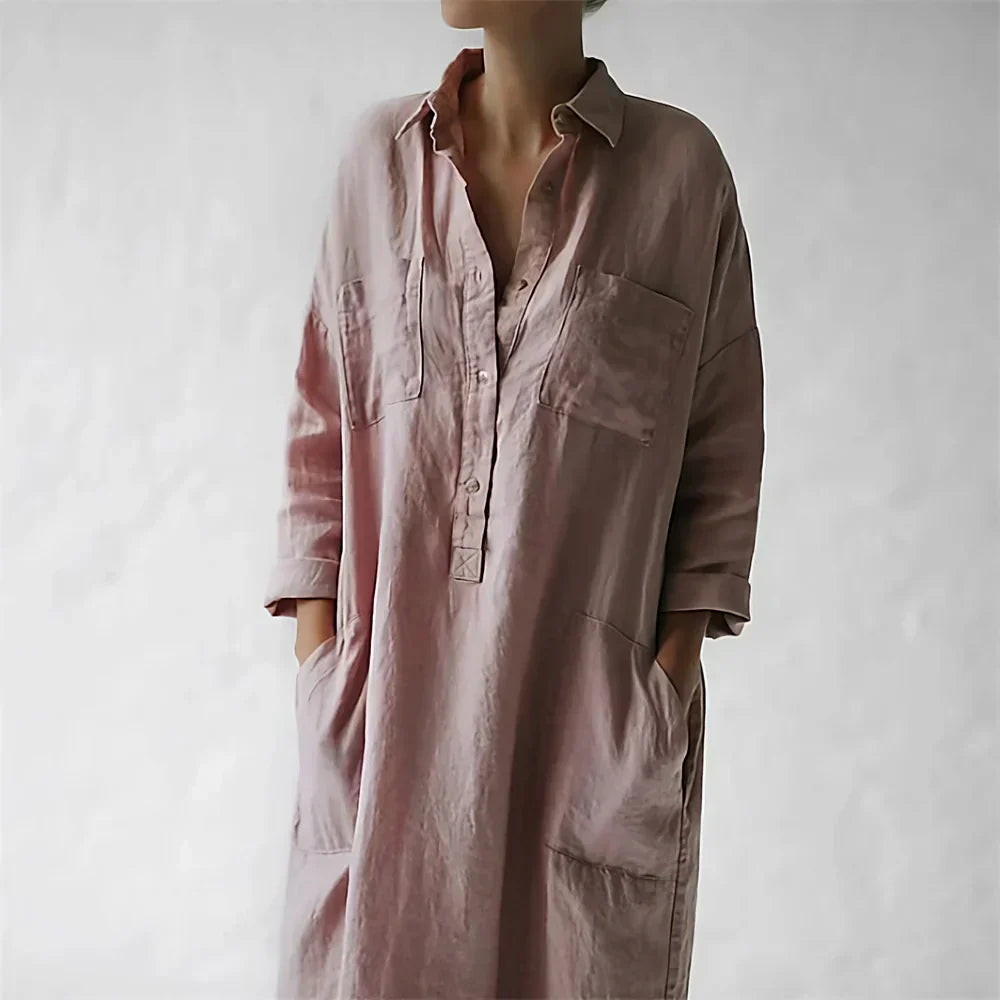 Women Relaxed-Fit Collared Shirt Dress with Front Pockets | Eliara
