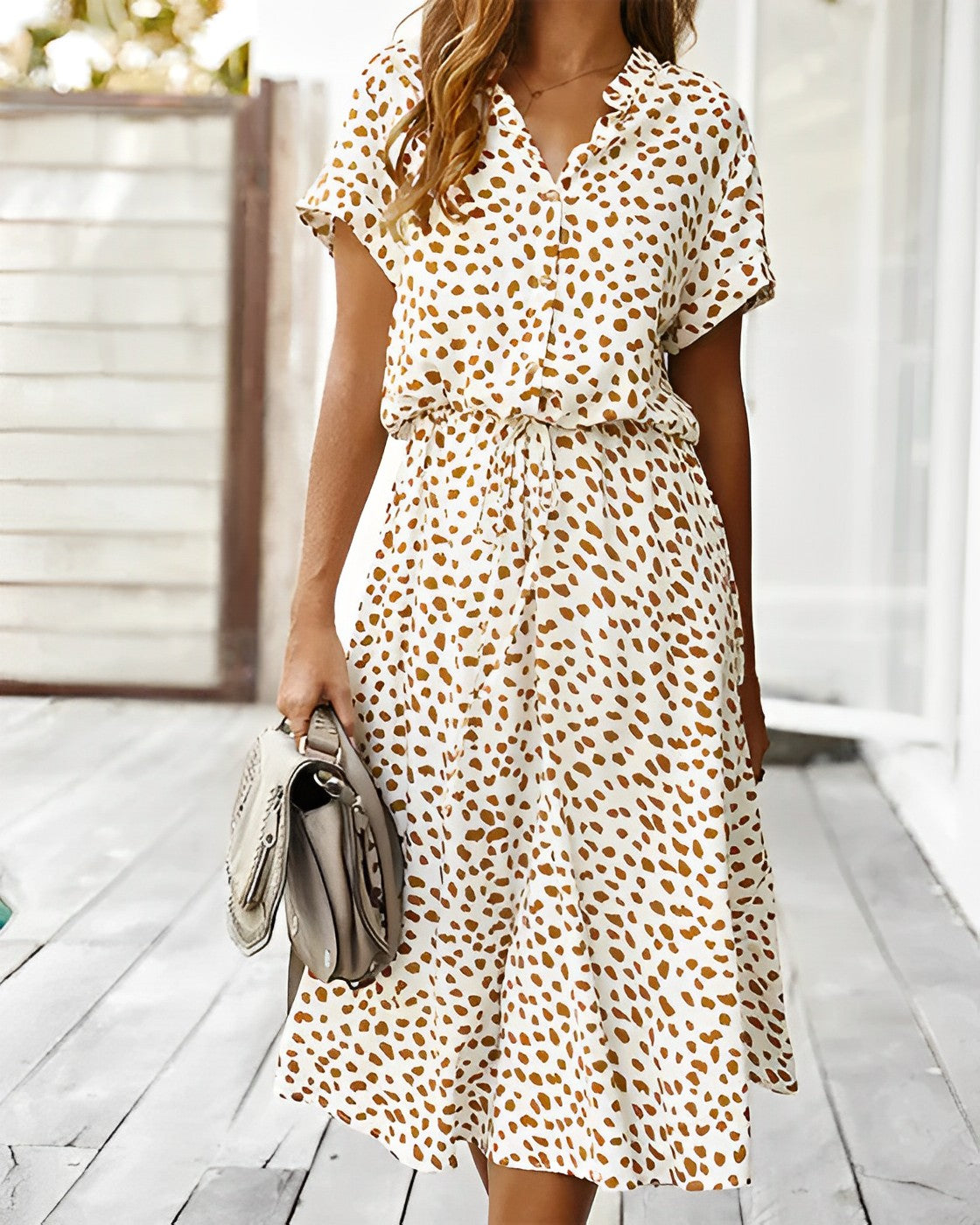 Polka Dot Short-Sleeve Button-Down Midi Dress | Althea