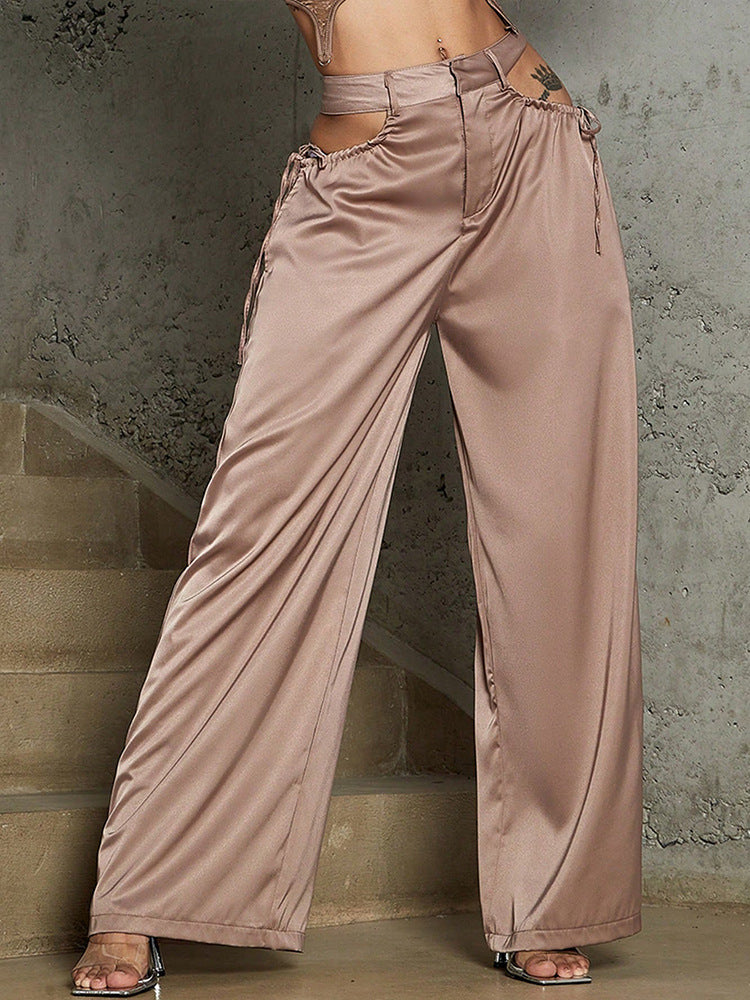 Women High Waist Straight Pants Khaki Polyester | Elegant Nightwear-3