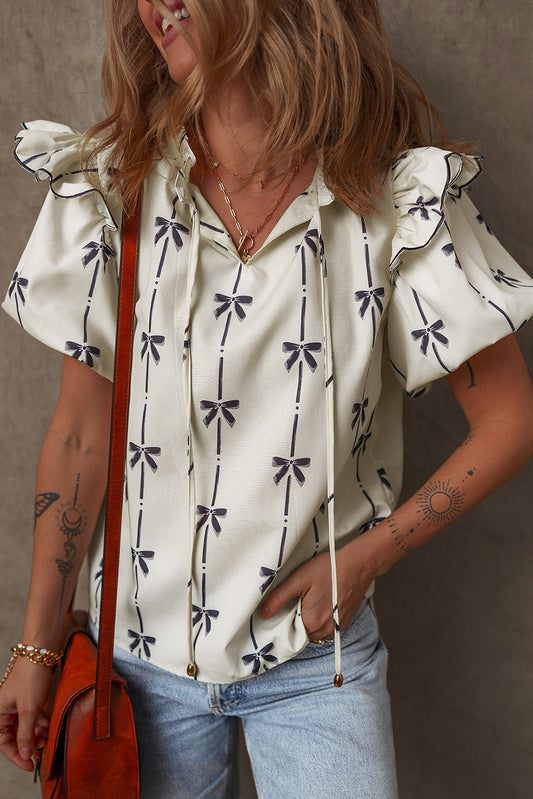 Women Ruffle Bow Print Blouse | Alveera