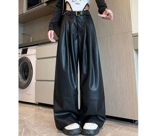 Women Wide Leg Pants Brown PU Leather | Vintage Chic-1