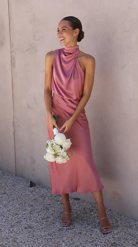 Satin Drape Neck Maxi Dress with Side Slit | Bea