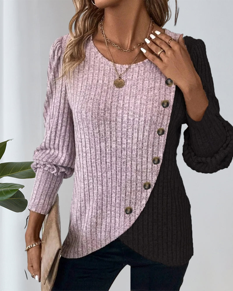 Women Asymmetrical Two-Tone Button Sweater | Gracie