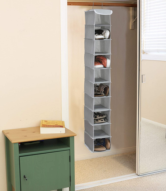 10-Tier Hanging Shoe Organizer – Gray Fabric Shoe Rack for Closet Storage Solution 1