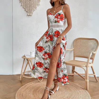 Tropical Maxi Dress with Lace Detailing and Side Slit | Alessia