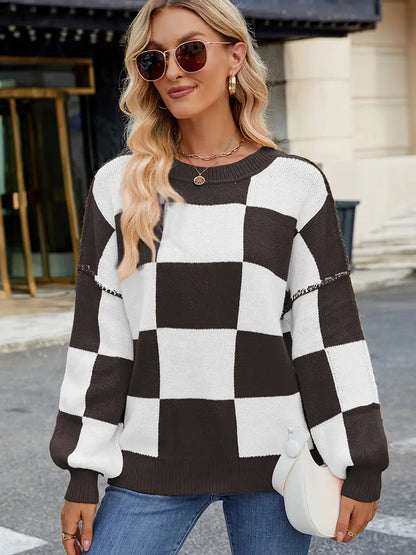 Variant image for Women Pullover Sweater Plaid Color-Block Acrylic | Autumn Chic-21