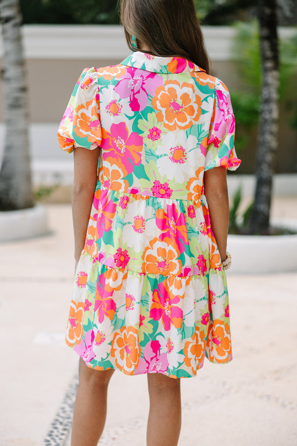 Floral Print Babydoll Dress with Puff Sleeves and Buttoned Front | Jeanne