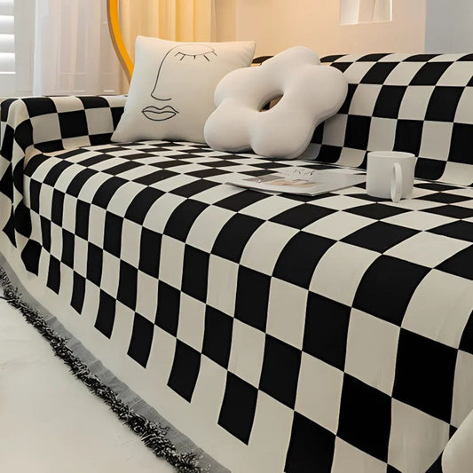 Sofa Cover Grey Microfibre Chenille | Checkerboard Design 1