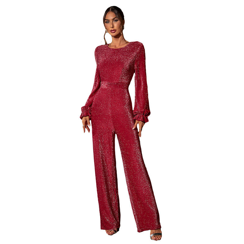 Women Sequin Jumpsuit Red Polyester | Elegant-4