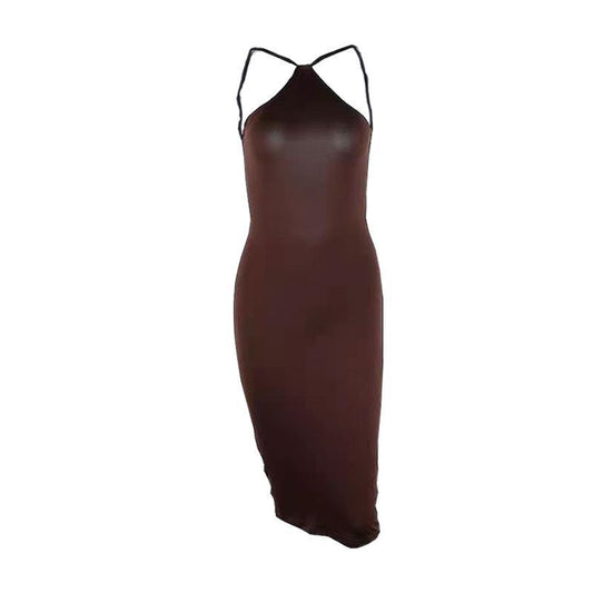 Women Midi Dress Brown Polyester | Elegant Cocktail-1