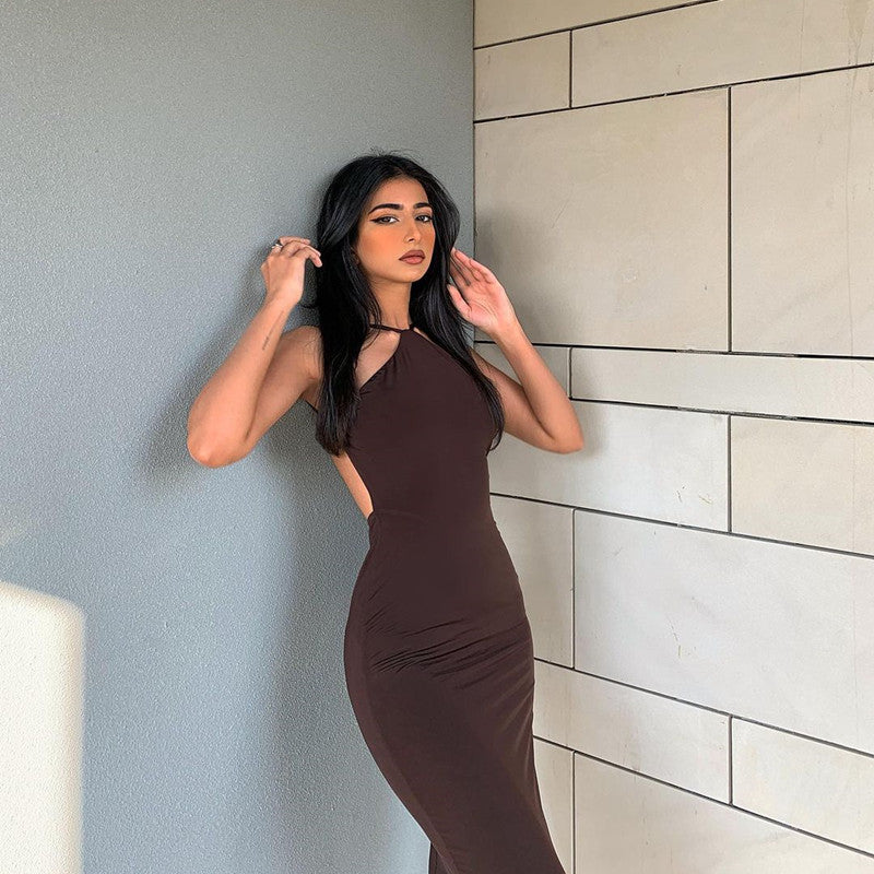 Women Midi Dress Brown Polyester | Elegant Cocktail-4