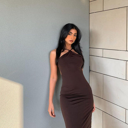 Women Midi Dress Brown Polyester | Elegant Cocktail-3
