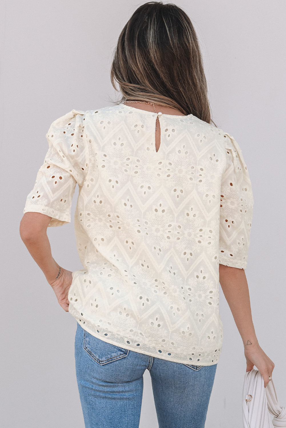 Women Blouse White Cotton Eyelet Embroidery | Emily-4