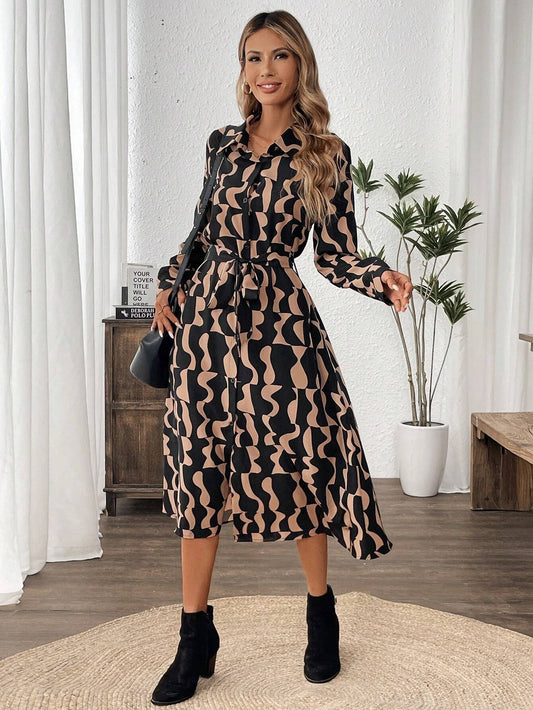 Women Geometric Printed Belted Midi Dress | Lucy