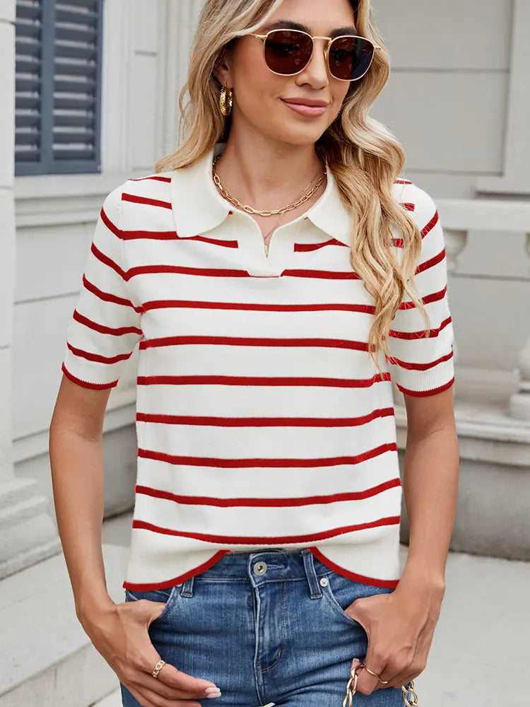 Variant image for Women Short Sleeve Sweater Striped Knit | Classic Chic-13