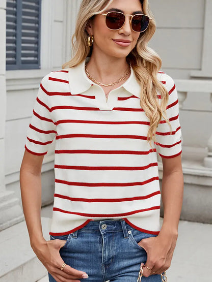 Variant image for Women Short Sleeve Sweater Striped Knit | Classic Chic-13