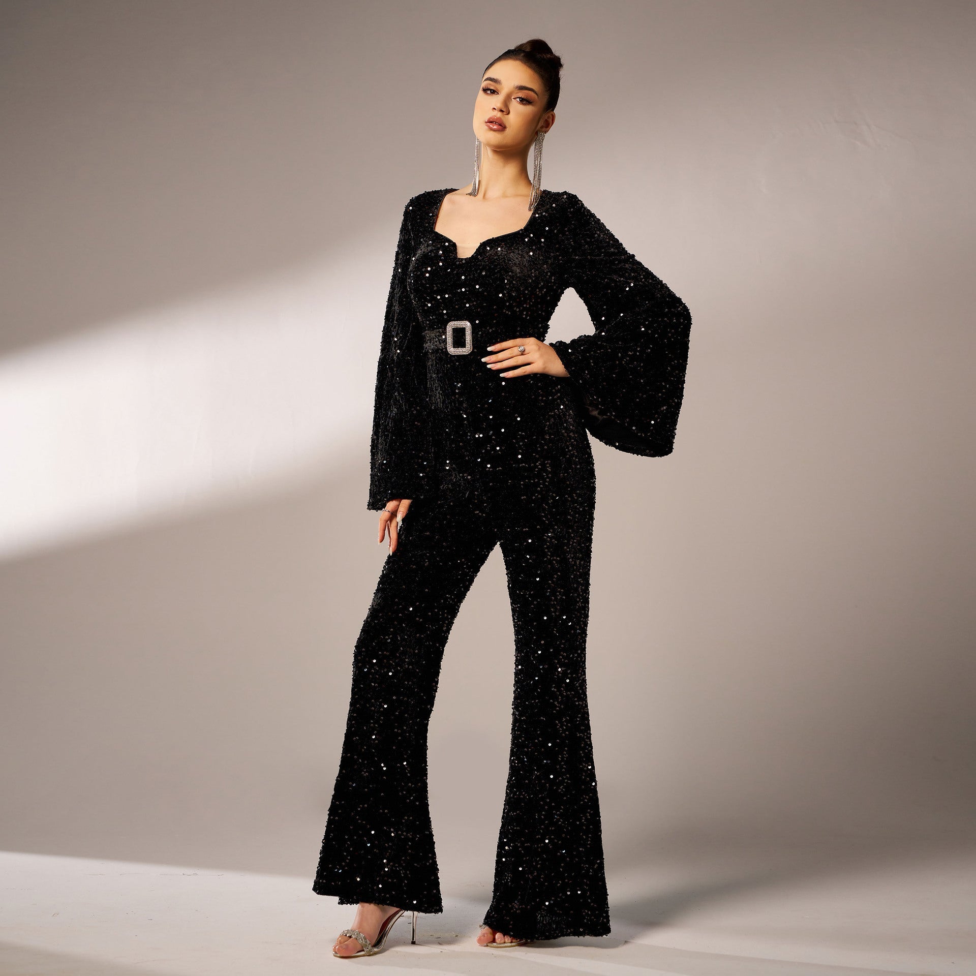 Women Sequin Jumpsuit Black Polyester | Elegant Night Out-3