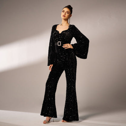 Women Sequin Jumpsuit Black Polyester | Elegant Night Out-3