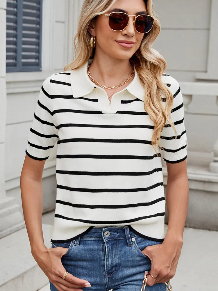 Variant image for Women Short Sleeve Sweater Striped Knit | Classic Chic-17