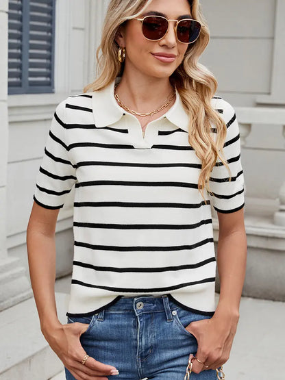 Variant image for Women Short Sleeve Sweater Striped Knit | Classic Chic-17