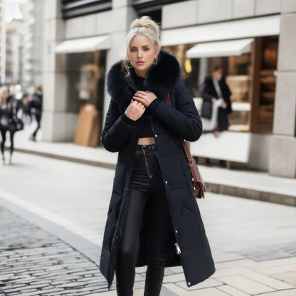 Women Long Puffer Coat with Faux Fur Hood | Tania