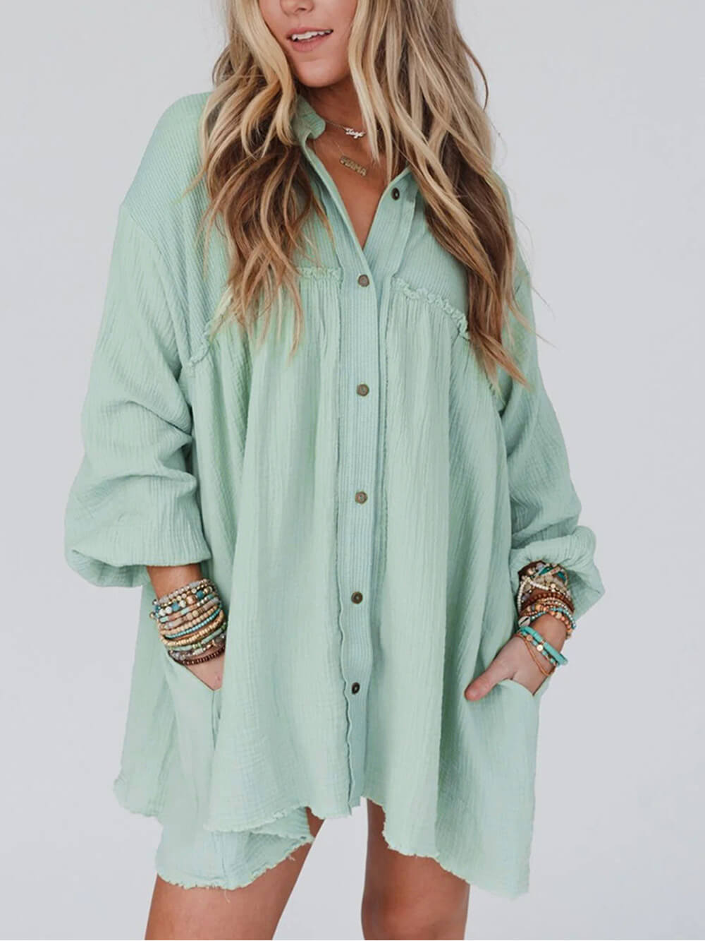Women Mini Dress Mint Green Cotton | Belinda-3