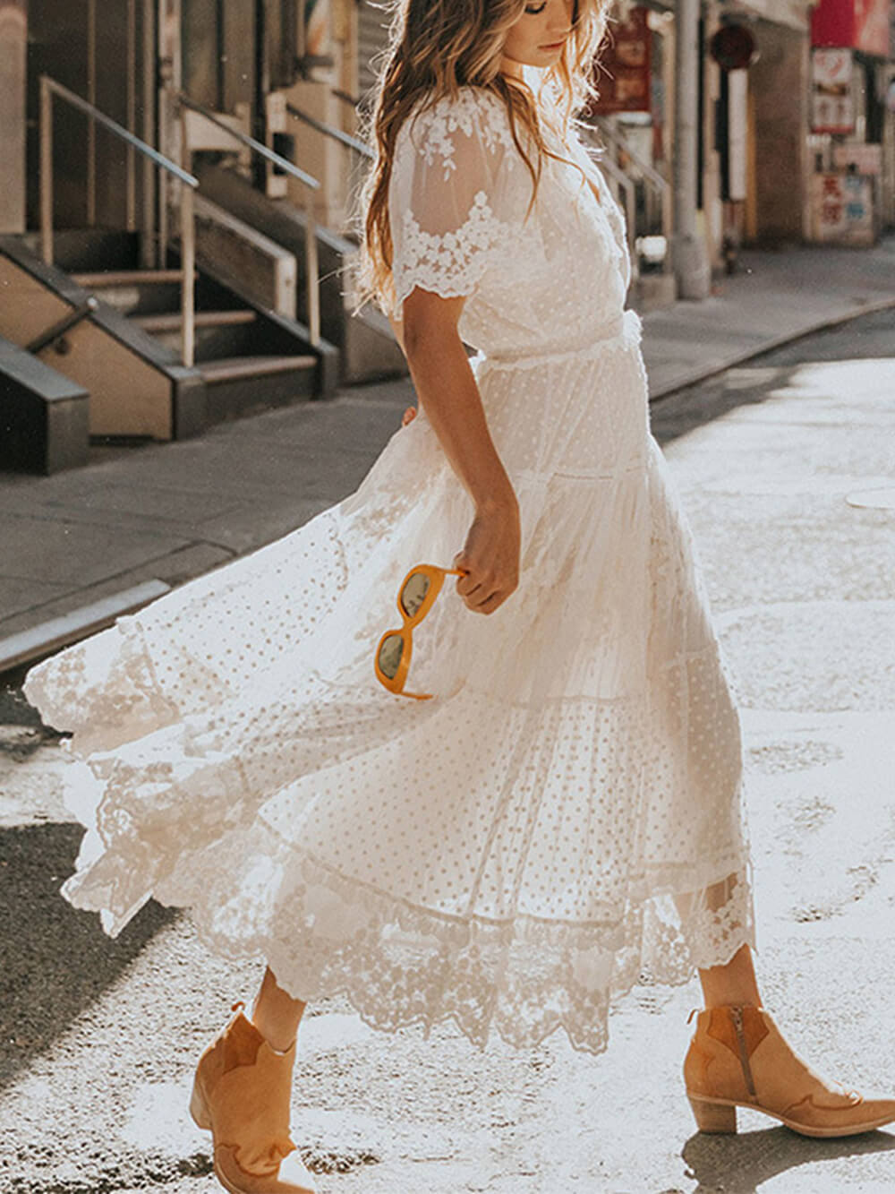 Women Lace Embroidered Tiered Midi Dress with Sheer Sleeves | Leni
