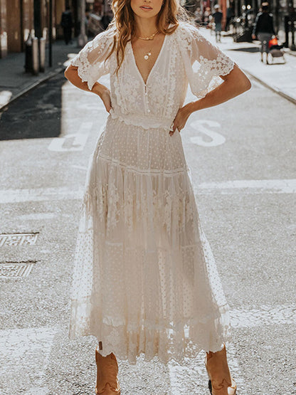 Women Lace Embroidered Tiered Midi Dress with Sheer Sleeves | Leni