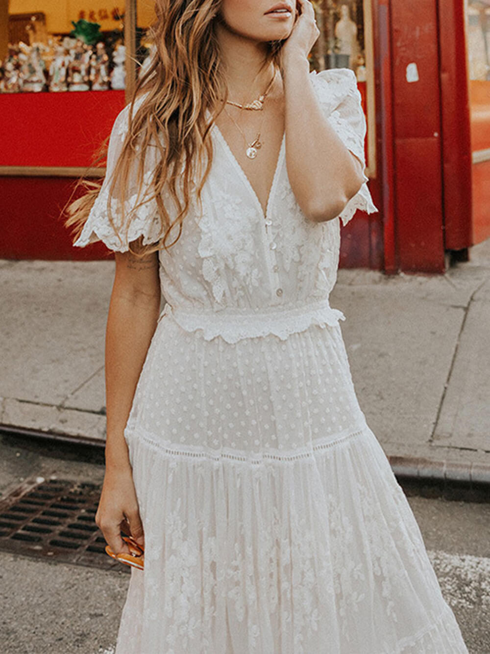 Women Lace Embroidered Tiered Midi Dress with Sheer Sleeves | Leni