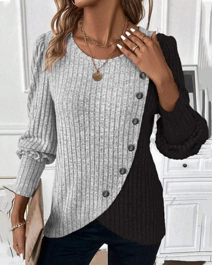 Women Asymmetrical Two-Tone Button Sweater | Gracie