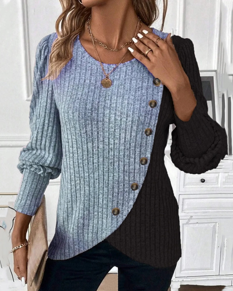 Women Asymmetrical Two-Tone Button Sweater | Gracie